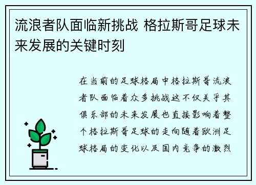 流浪者队面临新挑战 格拉斯哥足球未来发展的关键时刻
