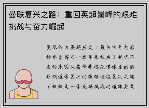 曼联复兴之路：重回英超巅峰的艰难挑战与奋力崛起