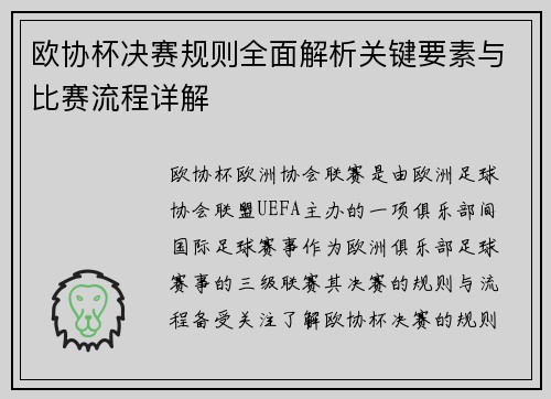 欧协杯决赛规则全面解析关键要素与比赛流程详解